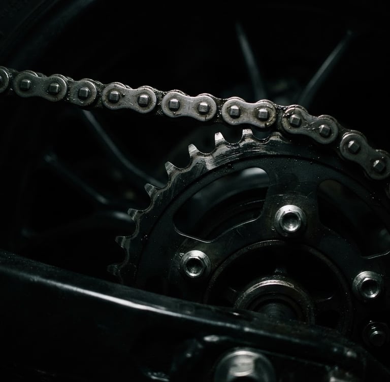 Close-up of a high-performance motorcycle chain and sprocket, metallic textures, dramatic low-key lighting, high contrast, 35mm lens