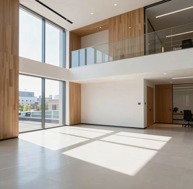 Wide-angle sunlit modern office interior with clean architectural lines, warm wood details, and large windows letting in natural daylight, 35mm
