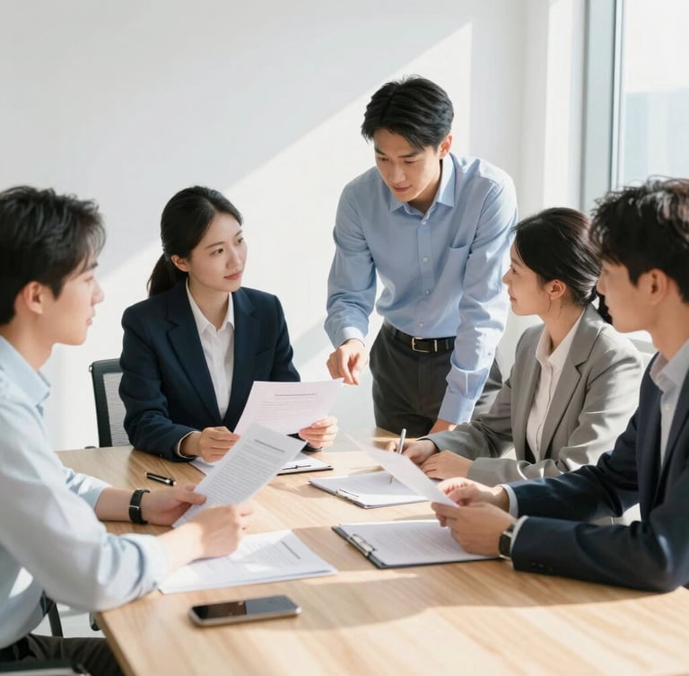 Sunlit meeting room with professional advisors discussing documents over a clean wooden table, natural high-key daylight, 35mm