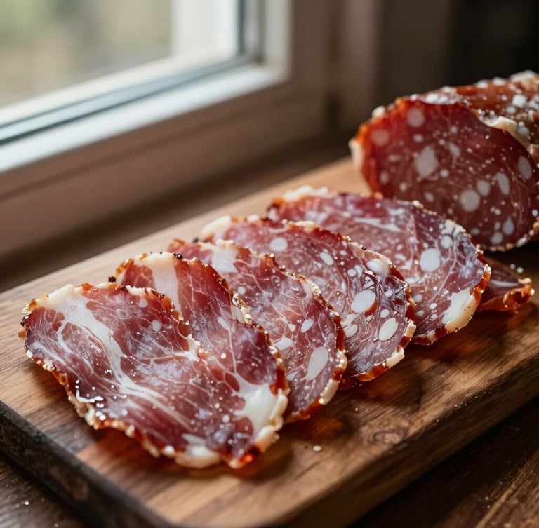 Close-up of thinly sliced dry-cured ham and premium saucisson arranged on a dark rustic wooden board, warm side window lighting, deep red tones, shallow depth of field, 35mm photography