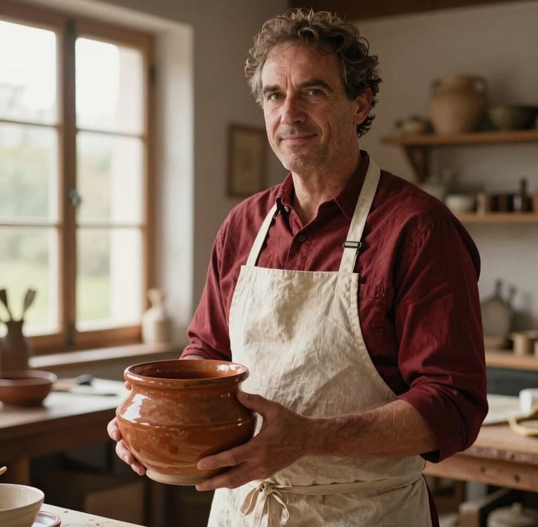 A portrait of a passionate French artisan charcutier in his workshop in Gien, wearing a linen apron, holding a rustic ceramic terrine, warm side lighting, shallow depth of field