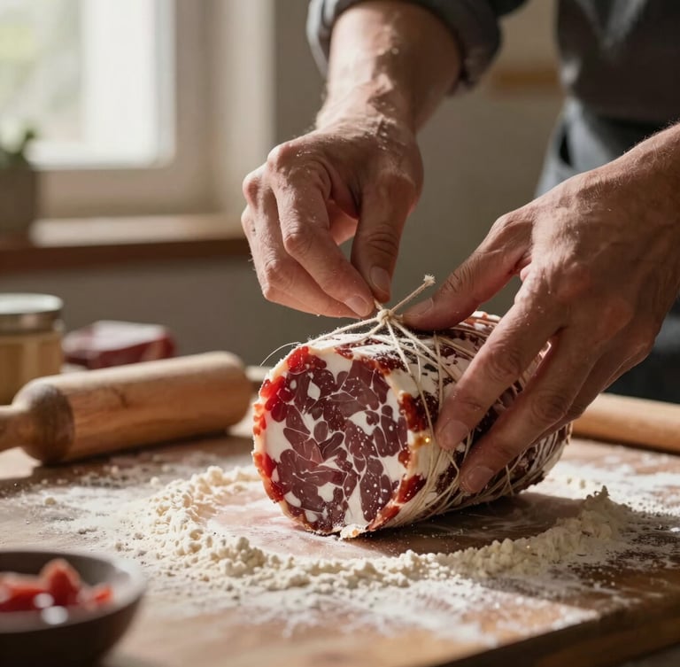 Hands of an artisan charcutier carefully tying a rustic terrine with kitchen twine, warm dramatic side light, flour and rustic kitchen details in the background, shallow depth of field