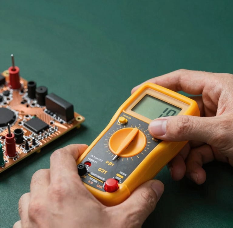 Close-up macro shot of hands using a professional yellow multimeter on a copper circuit board, dark green studio backdrop, sharp yellow accent lighting, 35mm lens.