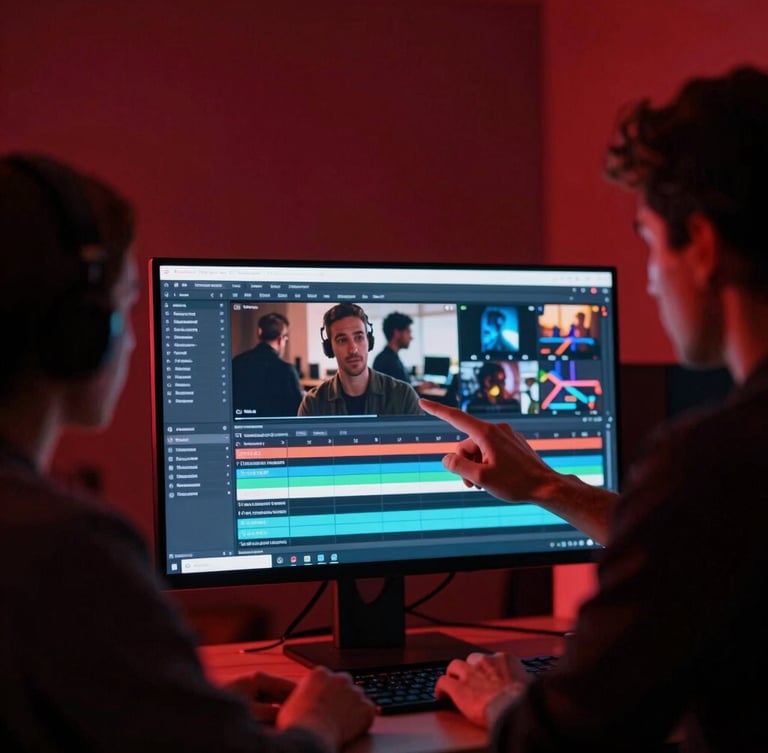 premium dark-mode editorial photography of a creative director and media buyer analyzing a high-fidelity video timeline on a glowing monitor, deep crimson ambient backlighting, shallow depth of field, 35mm
