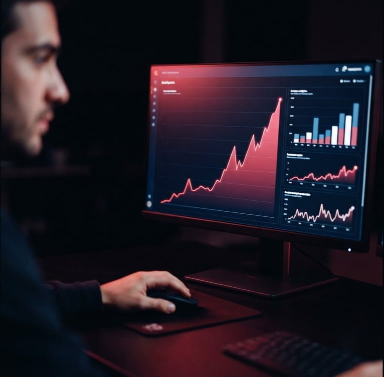 Premium dark-mode editorial photography of a real-time marketing dashboard with sharp upward trends, glowing crimson screen reflection, shallow depth of field, 35mm