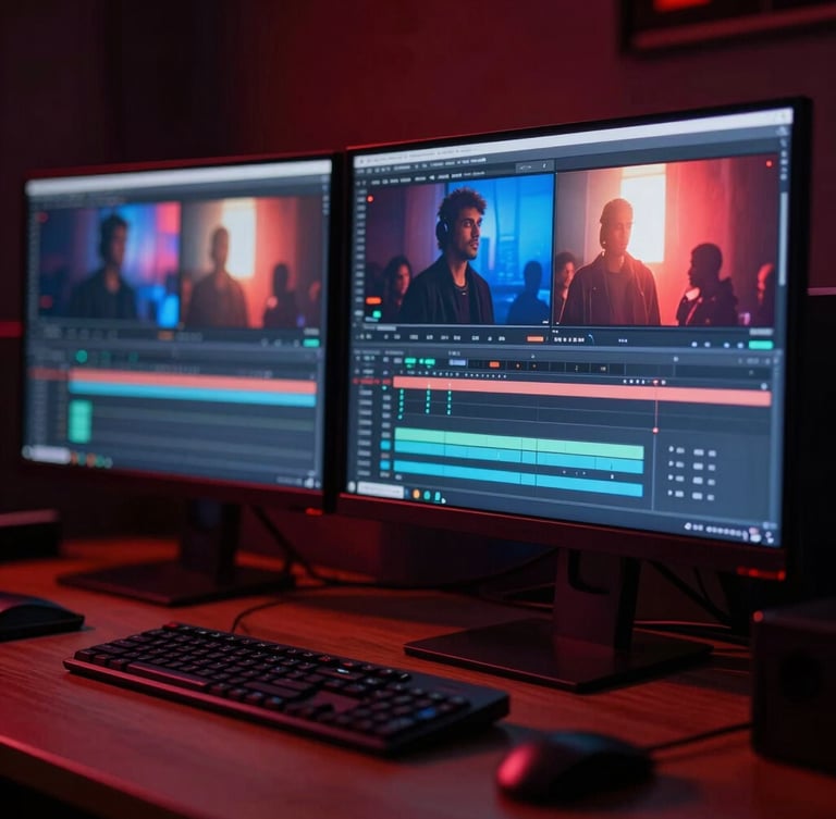A creative director editing high-fidelity video on a dual-monitor setup in a moody ambient studio, glowing red and blue screen reflections, shallow depth of field, 35mm.