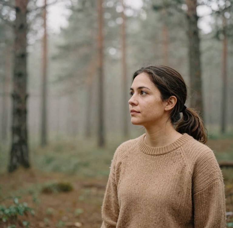 Environmental portrait of a female coach in a warm wool sweater, looking thoughtfully toward a misty pine forest, soft overcast daylight, desaturated earth tones