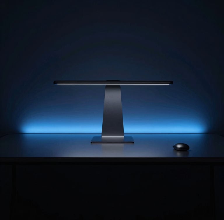 Sleek dark-mode portrait of a minimalist modern workspace, subtle electric blue ambient lighting reflecting on glass and dark metal surfaces, sharp focus, 35mm