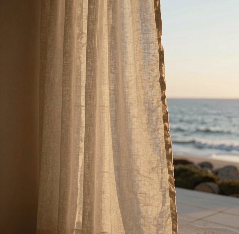 Soft-focus close-up of tactile linen curtains blowing in a gentle sea breeze, warm golden-hour light illuminating a minimalist stone interior.