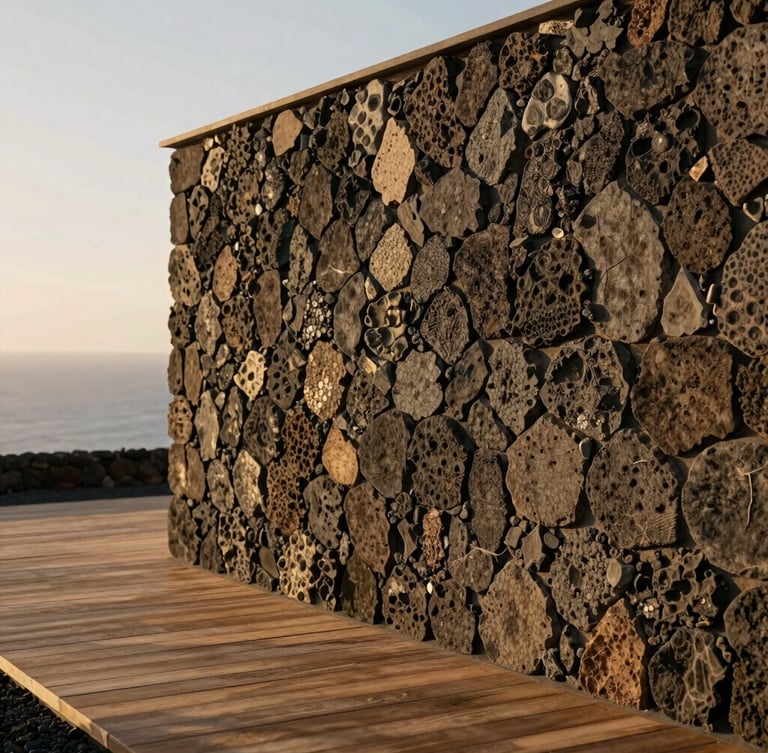 Close-up of minimalist stone wall of a modern Canarian villa, soft golden coastal light casting long shadows on warm timber decking, volcanic stone textures.