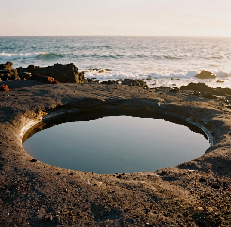 Warm editorial photo of a volcanic rock pool meeting the Atlantic, soft side-lighting, 35mm film aesthetic.