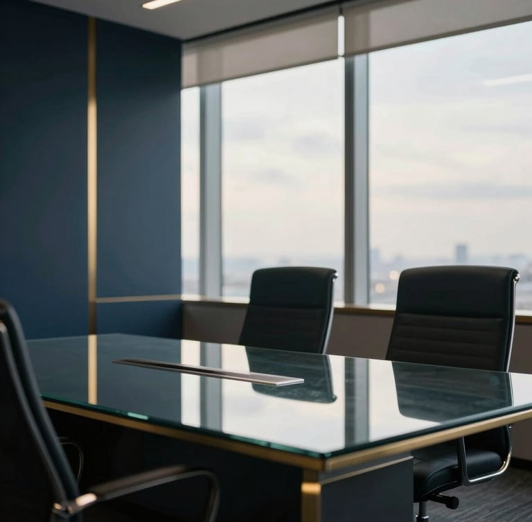 Professional editorial photography of a modern luxury corporate boardroom, soft morning light filtering through high windows, deep navy and muted gold tones, a clean glass desk reflecting the sky, shallow depth of field, 35mm