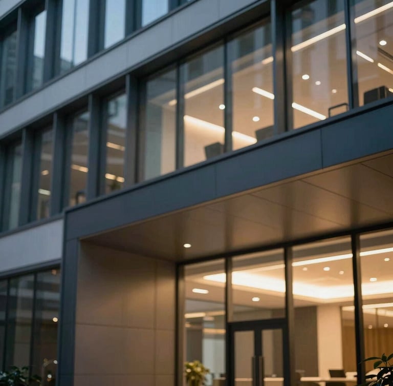 Professional editorial photography of a contemporary office building interior, clean architectural lines of steel and glass, soft corporate lighting, deep navy and muted gold tones, shallow depth of field, 35mm