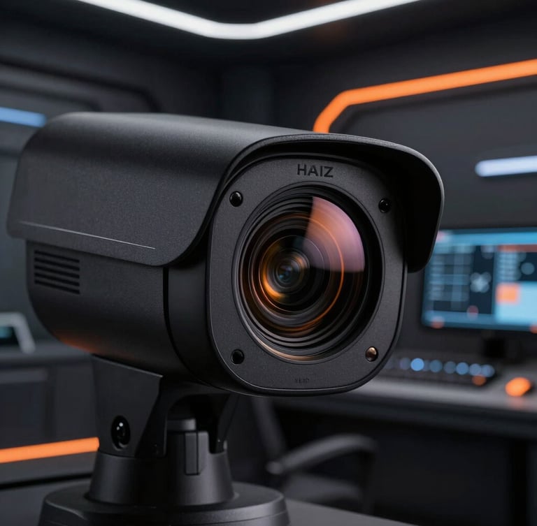Close-up of a sleek black Haiz security camera lens reflecting sharp orange light, modern dark high-tech control room background, professional product photography
