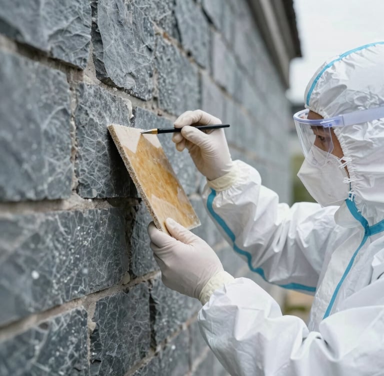 A certified inspector in clean white protective gear carefully collecting a material sample from an old wall, cool slate tones, bright clinical daylight, sharp macro detail.