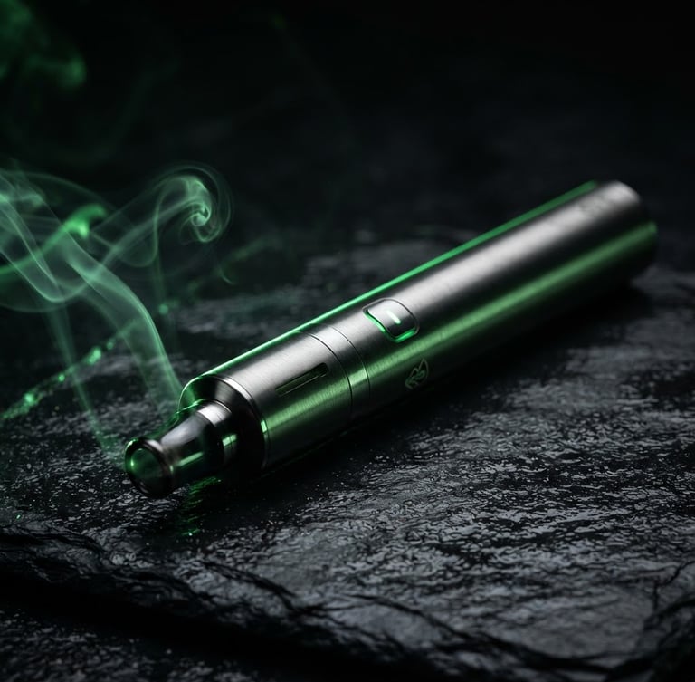 Sleek metallic vape pen lying on a dark slate surface, sharp neon green rim lighting, macro shot showing vapor trails, high-contrast studio photography