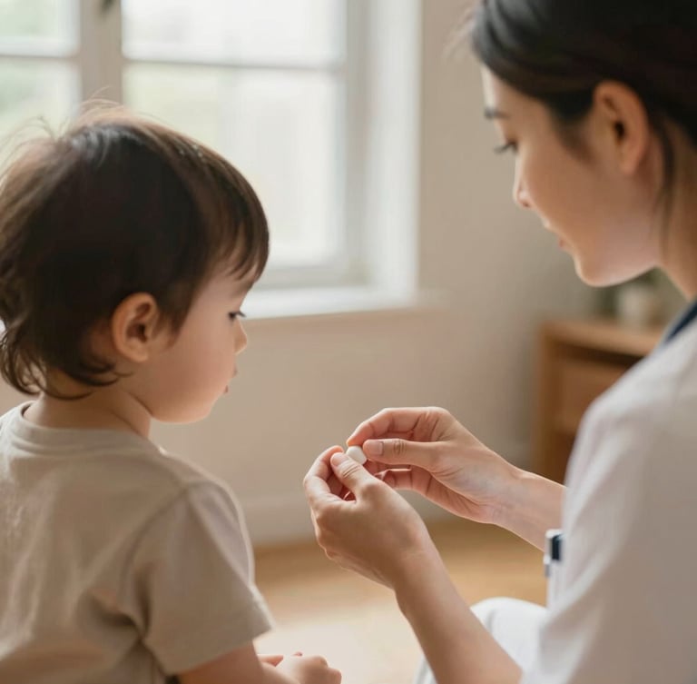 Close-up of a community health worker gently interacting with a toddler and parent during an educational play session, natural window light, warm tones, shallow depth of field, 35mm