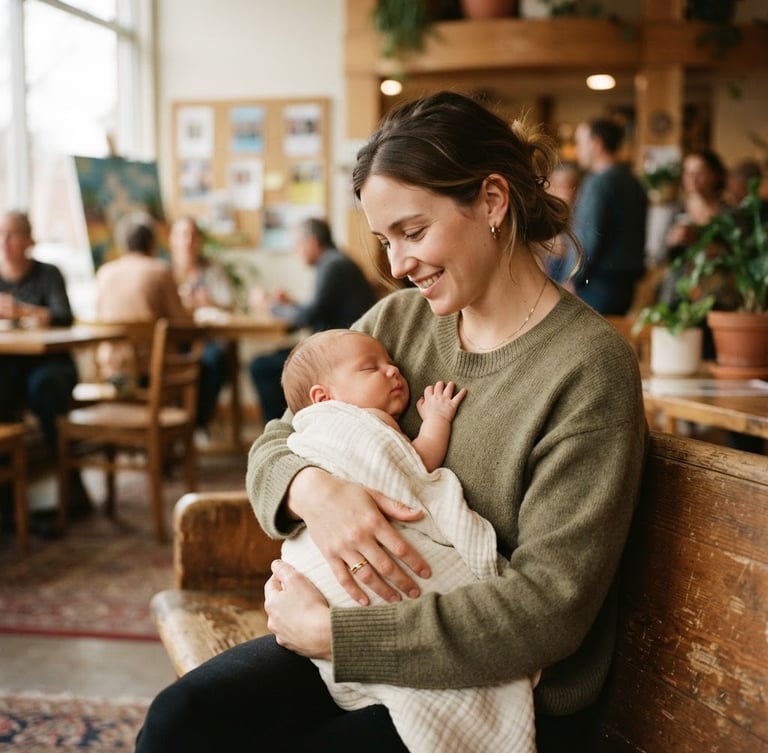 Wide shot of a mother gently holding her infant in a community center, soft natural window light, muted earth tones, shallow depth of field, 35mm