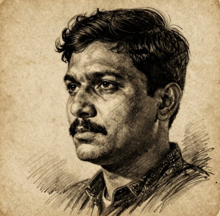 Close-up hand-drawn charcoal portrait of an unsung Indian freedom fighter, weathered parchment texture background, dramatic side-lit chiaroscuro, high contrast, solemn and emotional.