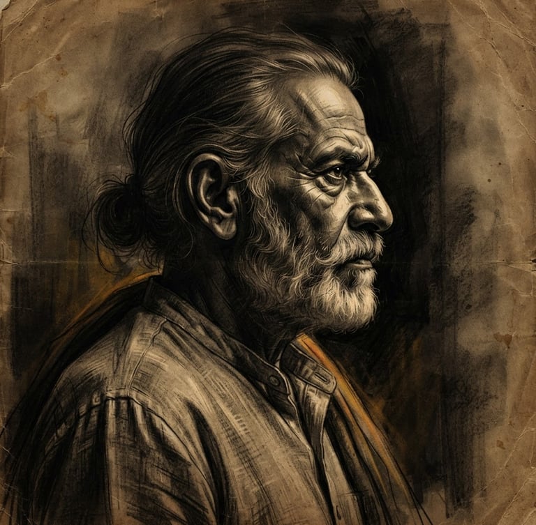 Dramatic chiaroscuro charcoal portrait sketch of an unsung Indian freedom fighter, side profile, weathered parchment background, low-key golden-hour lighting.