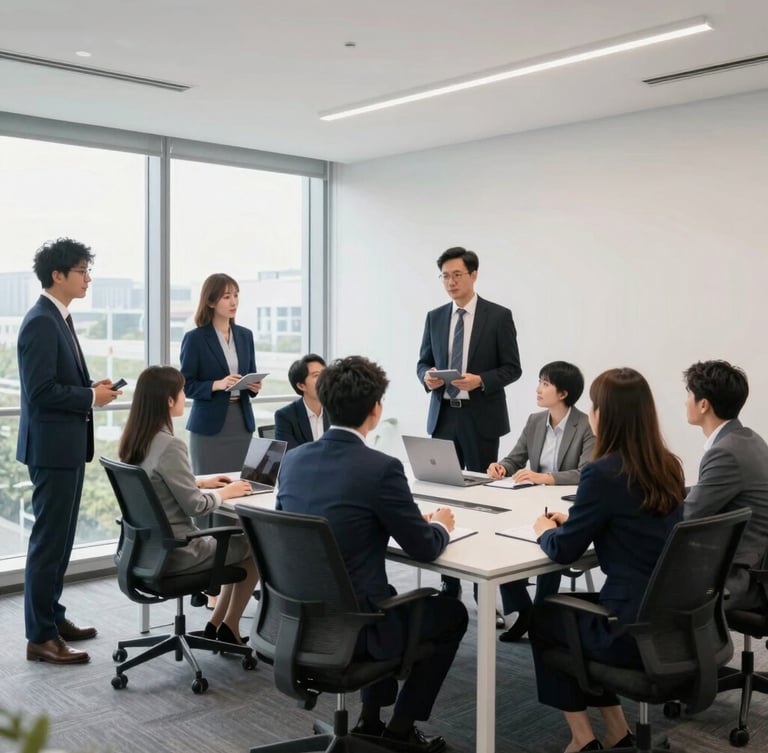 Bright modern corporate office with collaborative team, natural daylight, professional corporate photography, clean navy and slate tones, 35mm