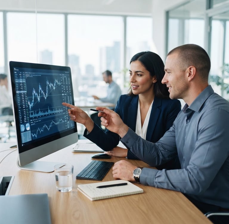 Bright natural office daylight, two professional financial analysts collaborating over a screen with clean charts, slate and navy blue tones, sharp focus, 35mm