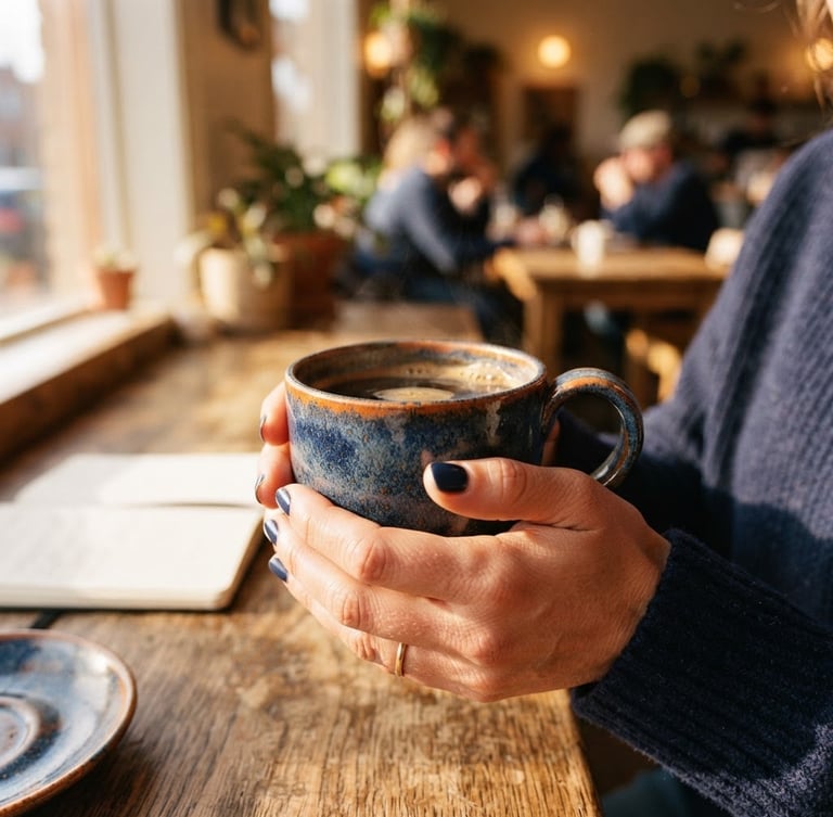 Intimate close-up of hands holding a warm ceramic mug of pour-over coffee near a sunlit window, cozy cafe interior background, soft lighting, 35mm photography