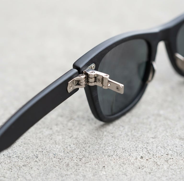 Sharp high-key product photography of premium polarized sunglasses, highlighting metallic frame hinges and clean structural details on a neutral concrete backdrop, 50mm lens.