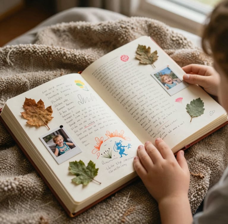 Portrait shot of a family's open Keepsakes journal, filled with children's handwriting, colorful drawings, pressed leaves, and small photos, all carefully preserved. The journal sits on a cozy blanket with a child's hand gently touching a page, warm natural light, rich earthy tones.
