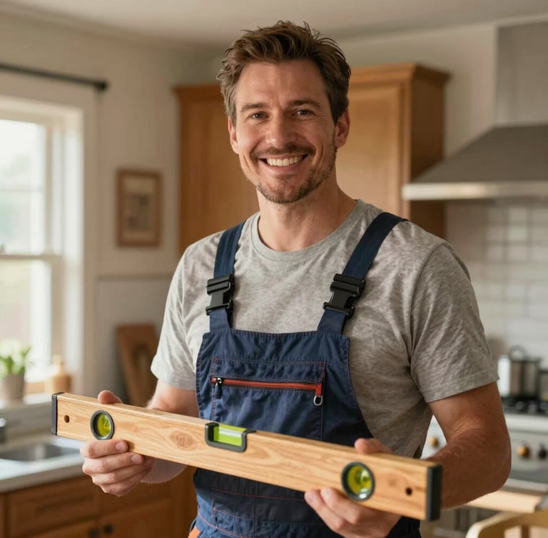 A medium portrait shot of a friendly, smiling family-owned contractor in a warm, sunlit residential kitchen, holding a wooden level, natural morning light, cozy home environment.