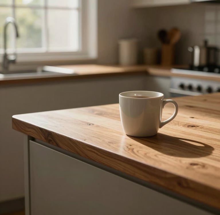 A warm, naturally lit kitchen with a coffee mug on a newly installed oak countertop, soft residential light filtering through a window