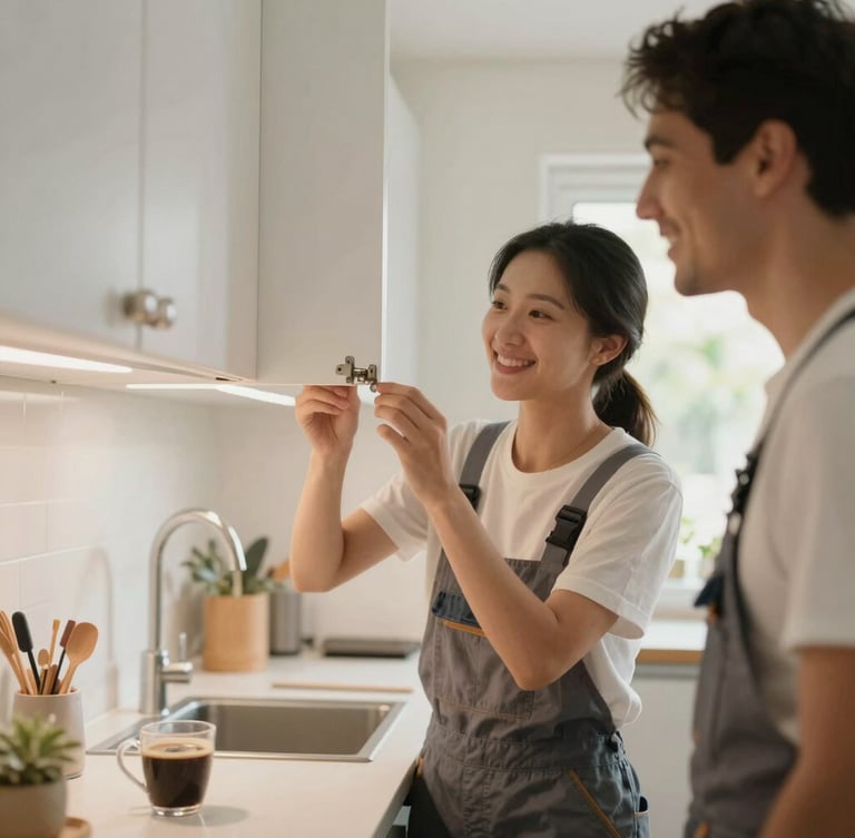 A warm, sunlit residential kitchen where two friendly team members in clean everyday work clothes are smiling while adjusting a cabinet hinge, natural daylight, soft focus on lived-in details like a coffee mug on the counter.
