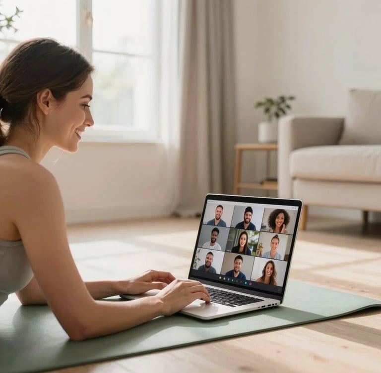 Bright editorial photography, soft morning window light, warm neutral tones. A woman is smiling on a sage green yoga mat in a clean home living room, looking at a laptop screen that displays a friendly grid of participants.