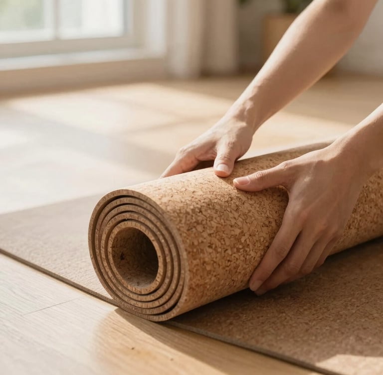 Close-up of hands gripping a natural cork yoga mat on a light hardwood floor, soft morning daylight streaming in, warm neutral tones, 35mm lens.