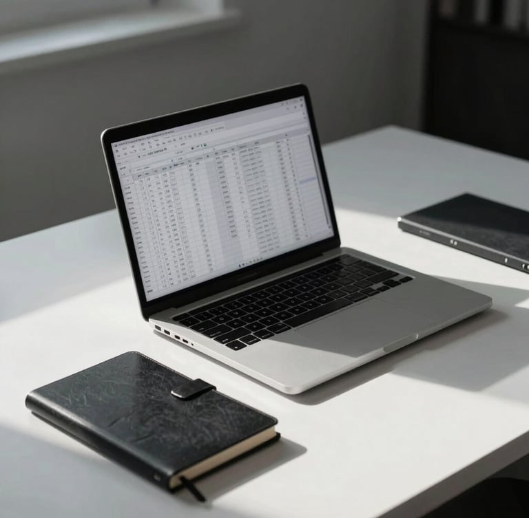A minimalist modern workspace in cool diffused daylight, a clean desk with a laptop displaying a neat spreadsheet, a physical black notebook, and architectural shadows.