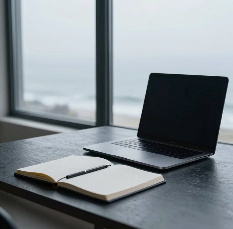 A minimalist workspace in cool, diffused daylight. A sleek modern laptop sits next to a neatly stacked physical notebook on a dark slate desk, with soft coastal fog visible through a large window in the background.