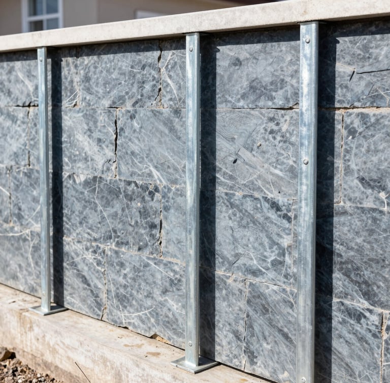 Sharp architectural photo of a residential foundation wall with heavy-duty steel piers installed deep into the ground, bright natural daylight, cool slate and blue tones, crisp focus, 35mm