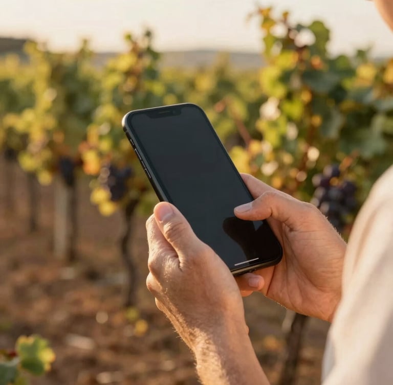 Close-up of a winemaker's hands holding a smartphone in a sun-drenched vineyard during golden hour, soft focus on grapevines in the background, warm editorial photography, deep wine tones