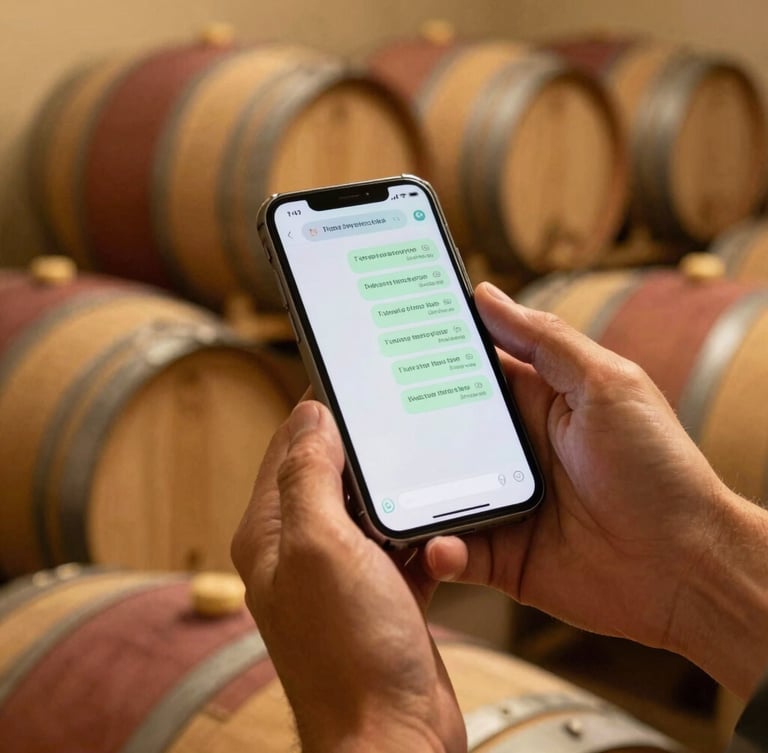 Close-up of hands of a traditional winemaker holding a modern mobile phone displaying a clean WhatsApp chat, background of oak aging barrels in a dimly lit, warm cellar, 35mm.