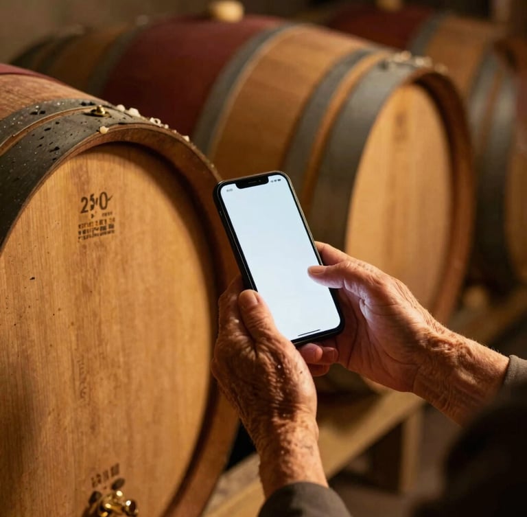 Hands of an elderly winemaker holding a smartphone next to old oak barrels in a dark, atmospheric cellar, warm golden light accenting the dust, shallow depth of field, 35mm