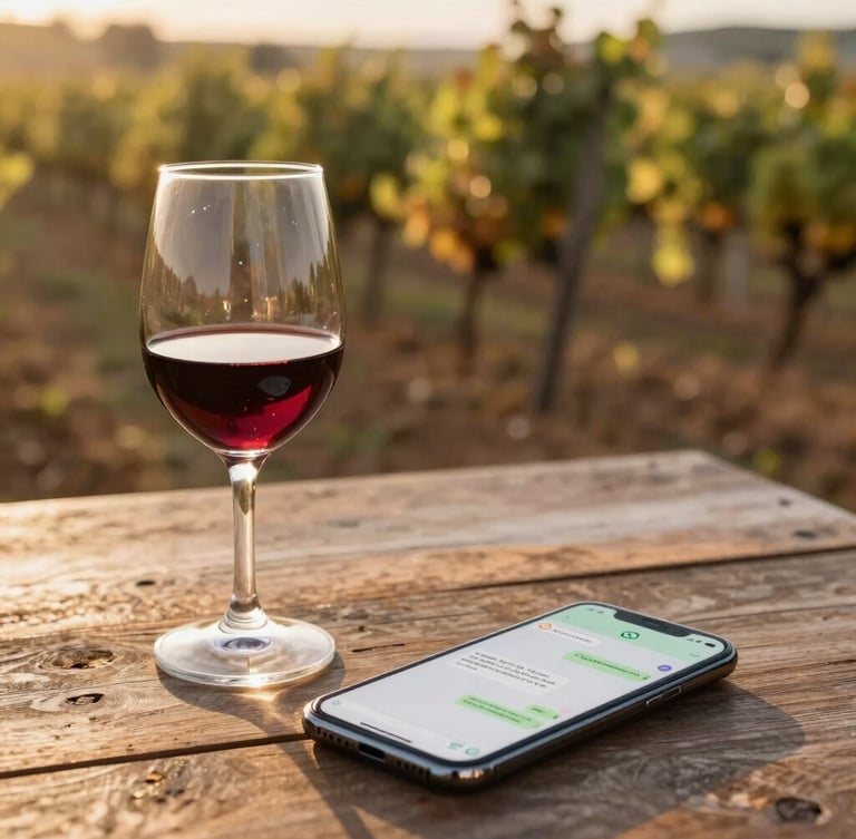 Warm editorial photography, golden-hour vineyard light, a rustic wooden table with a wine glass, and a smartphone showing a clean WhatsApp chat interface, shallow depth of field, 35mm