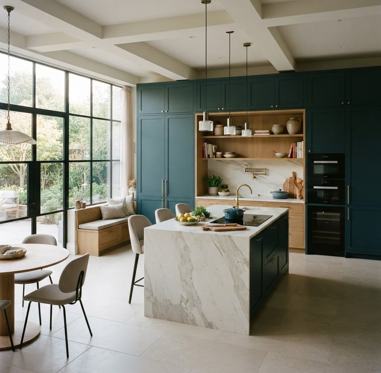 Architectural interior photography of a luxury modern kitchen with deep teal cabinetry and warm sand oak accents, soft natural morning light streaming through a large window, wide shot, high-end detail