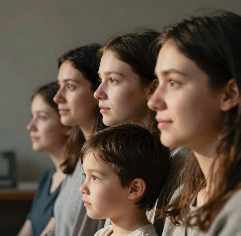Ein authentisches, ungestelltes Porträt einer Familie im Profil, die Gesichter im weichen, natürlichen Tageslicht von der Seite beleuchtet.