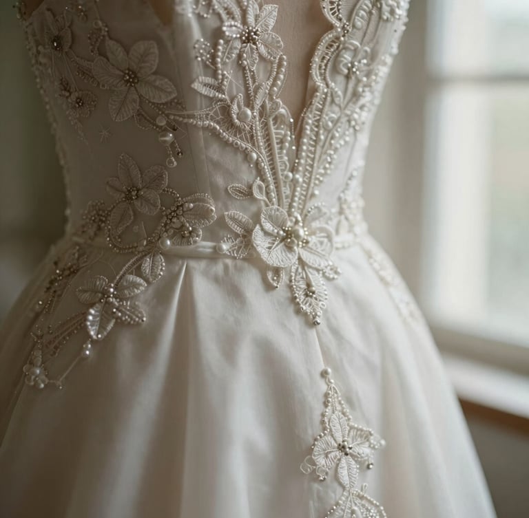 Extreme close-up of delicate French lace and hand-stitched beadwork on a warm white silk gown, soft natural window light, shallow depth of field.