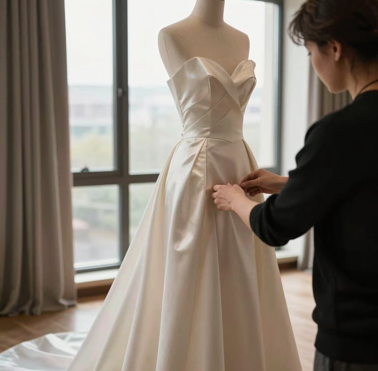 Over-the-shoulder shot of an expert couturier gently adjusting the train of a luxurious silk gown, warm window light.
