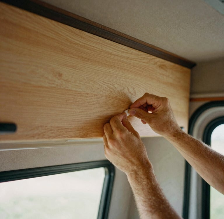 Close-up of hands working on wood paneling inside a camper van, warm cabin light, documentary film style