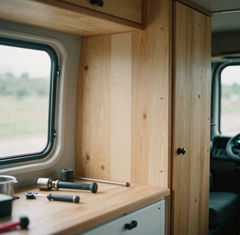 A close-up of custom wooden cabinetry inside a camper van, tools resting on a workbench, natural side window lighting, authentic documentary style.