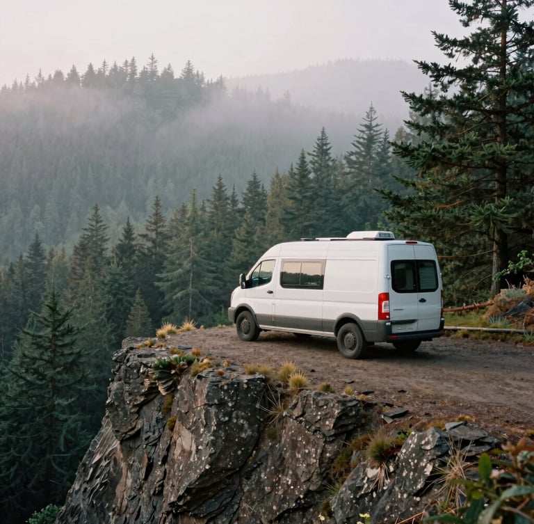 Camper van parked on a rugged cliffside in Oregon at sunrise, misty pine forests below, documentary film style, muted forest tones, 35mm lens.