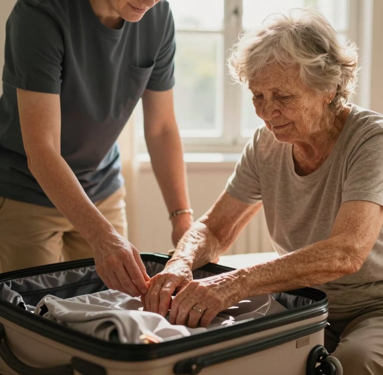 Warm editorial photography, soft natural window light, a caregiver gently helping an elderly woman pack a suitcase, shallow depth of field, 35mm