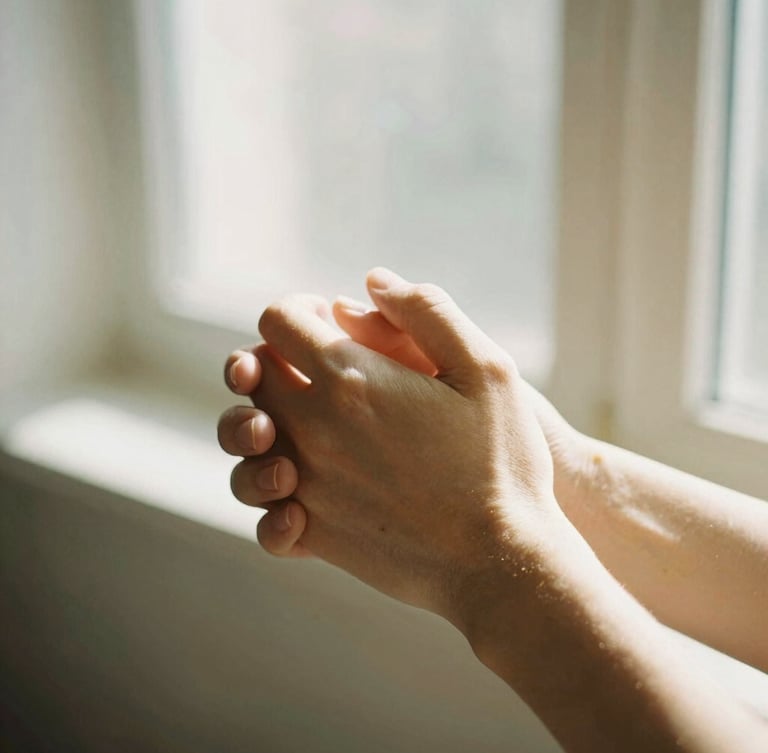 A close-up of hands gently holding hands in warm, natural window light, soft golden tones, authentic and compassionate, 35mm